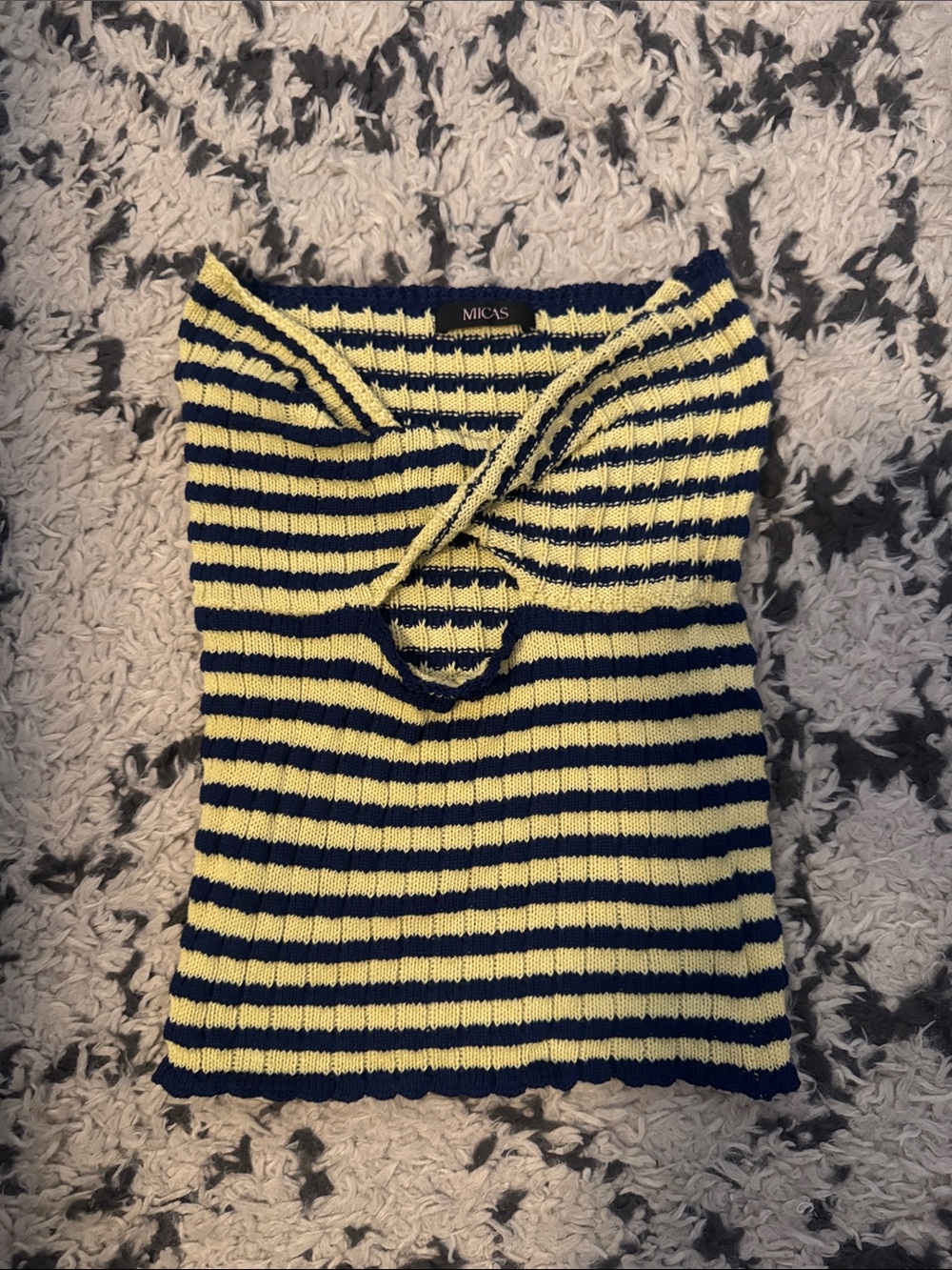 Yellow and Navy Stripe Knit Strapless Top